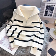 Striped zip knit pullover with turn-down collar, product photo 2
