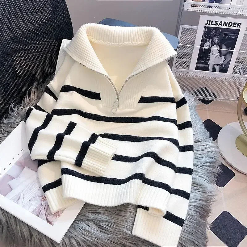 Striped zip knit pullover with turn-down collar, product photo 2