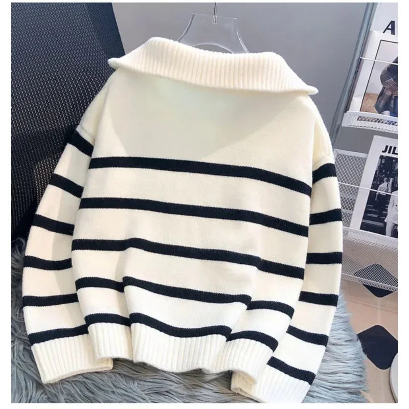 Striped zip knit pullover with turn-down collar, product photo 3