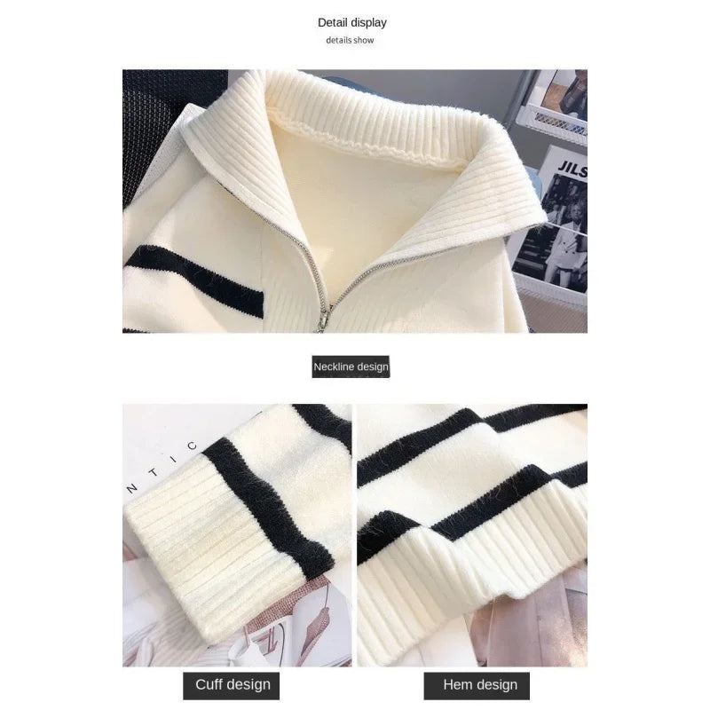 Striped zip knit pullover with turn-down collar, product photo 4