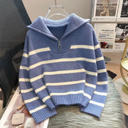 Striped zip knit pullover with turn-down collar, product photo 6