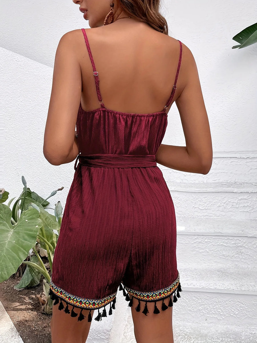 Tassel trim strap romper with a belt, photo 2