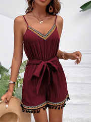 Tassel trim strap romper with a belt, photo 3
