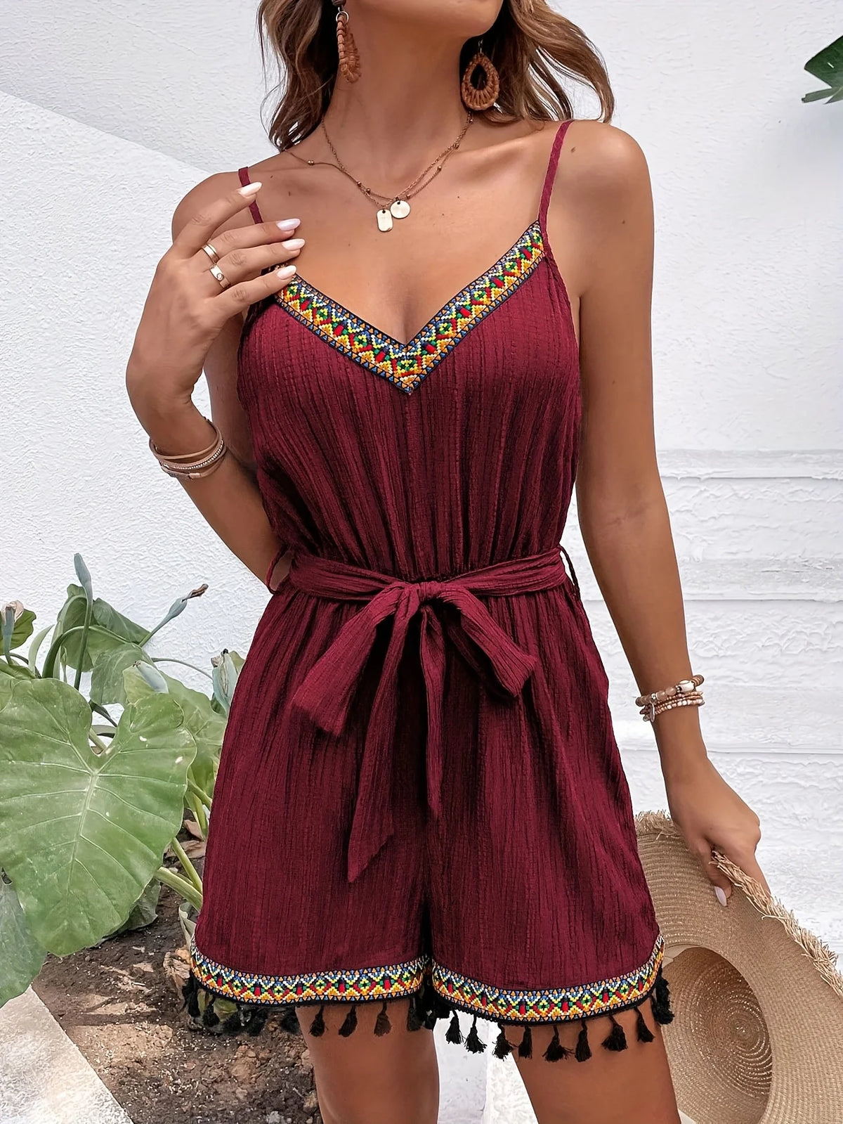 Tassel trim strap romper with a belt, photo 4