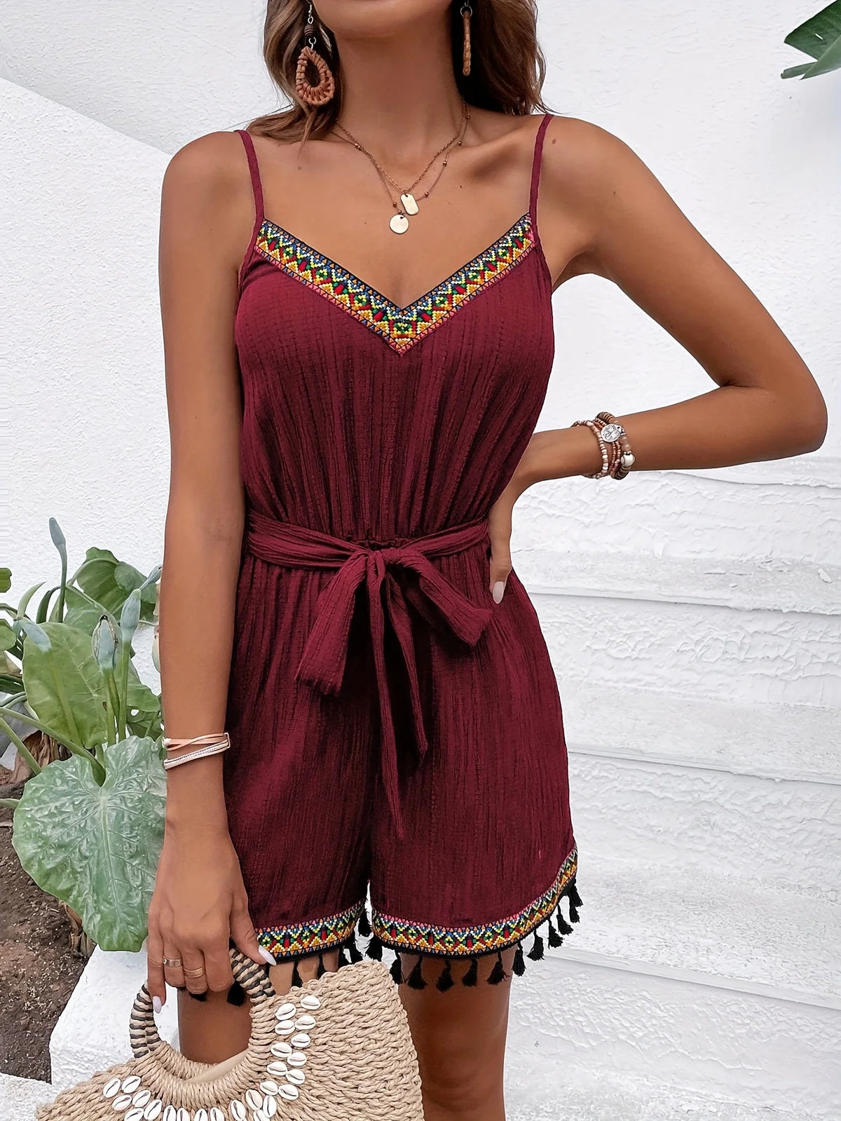 Tassel trim strap romper with a belt, photo 5