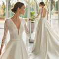 V-Neck Backless Satin Wedding Dress With Long Sleeves