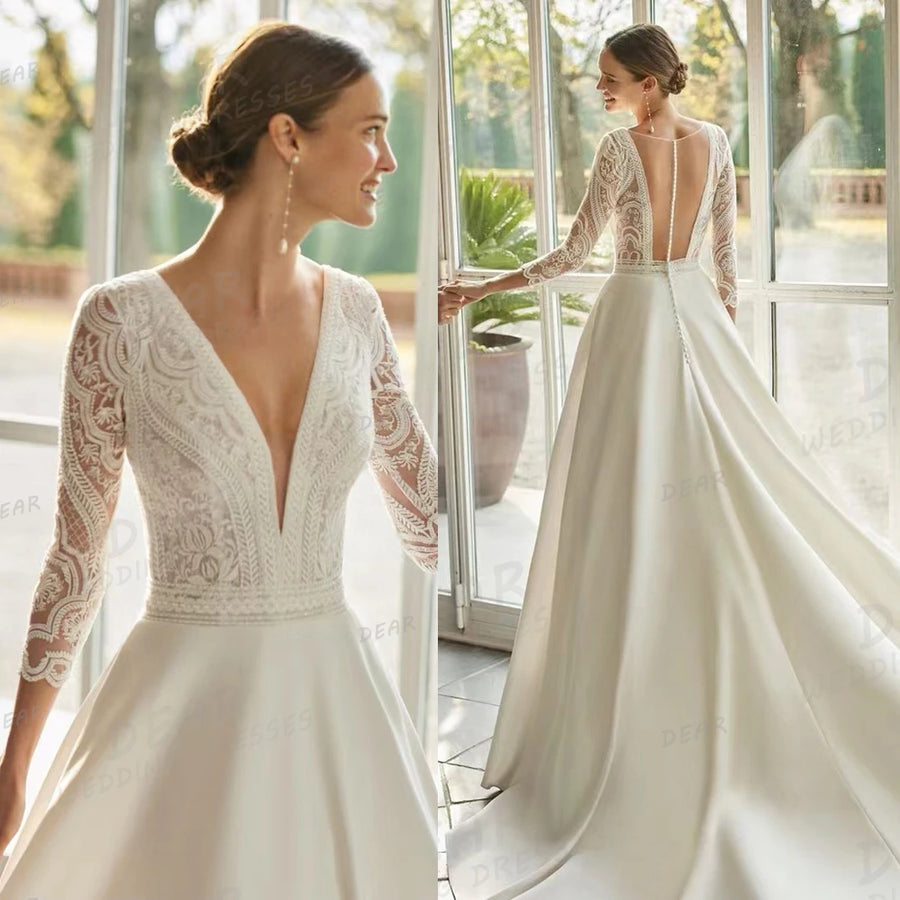V-neck backless satin wedding dress with long sleeves, front view