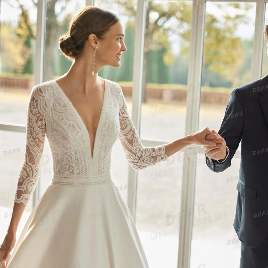 V-neck backless satin wedding dress with long sleeves, product photo 2