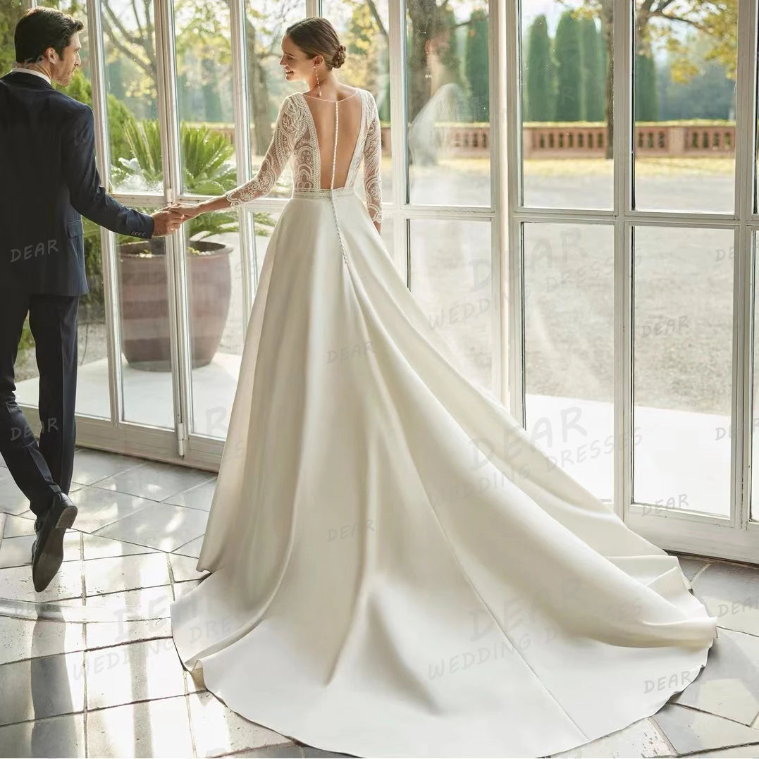 V-neck backless satin wedding dress with long sleeves, product photo 3