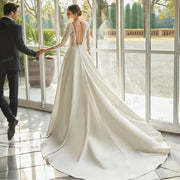 V-neck backless satin wedding dress with long sleeves, product photo 3