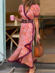 V-neck printed maxi dress with short sleeves, front view