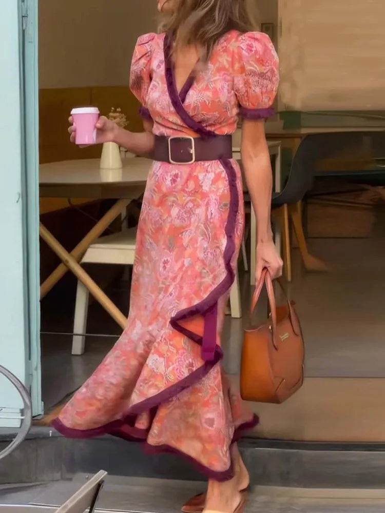 V-neck printed maxi dress with short sleeves, front view