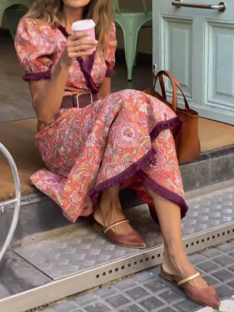 V-neck printed maxi dress with short sleeves, product photo 5