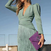 V-neck tassel hem evening dress with long sleeves, front view
