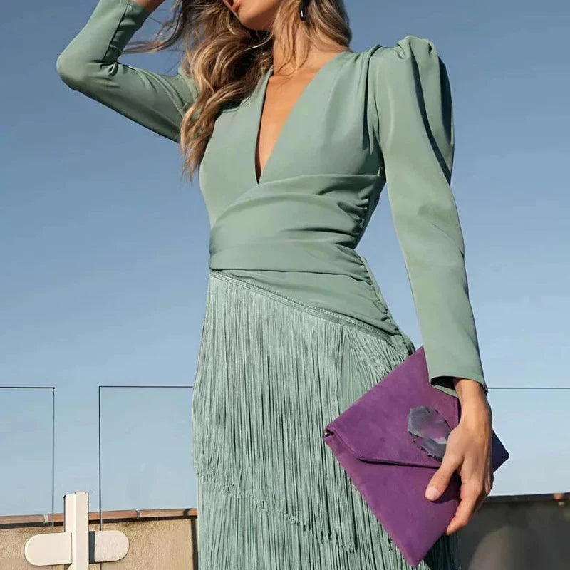 V-neck tassel hem evening dress with long sleeves, front view