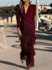 V-neck tassel hem evening dress with long sleeves, product photo 10
