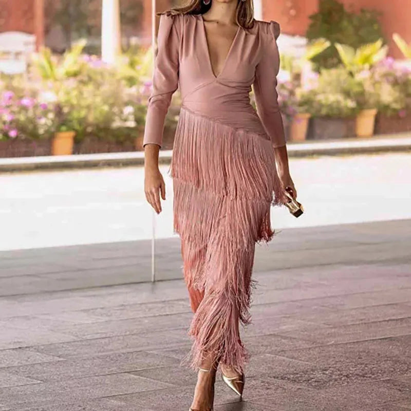V-neck tassel hem evening dress with long sleeves, product photo 11