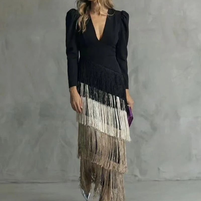 V-neck tassel hem evening dress with long sleeves, product photo 12