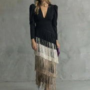 V-neck tassel hem evening dress with long sleeves, product photo 12