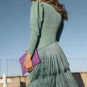 V-neck tassel hem evening dress with long sleeves, product photo 2