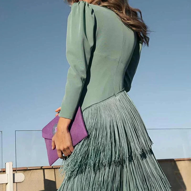 V-neck tassel hem evening dress with long sleeves, product photo 2