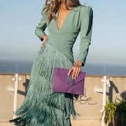 V-neck tassel hem evening dress with long sleeves, product photo 4