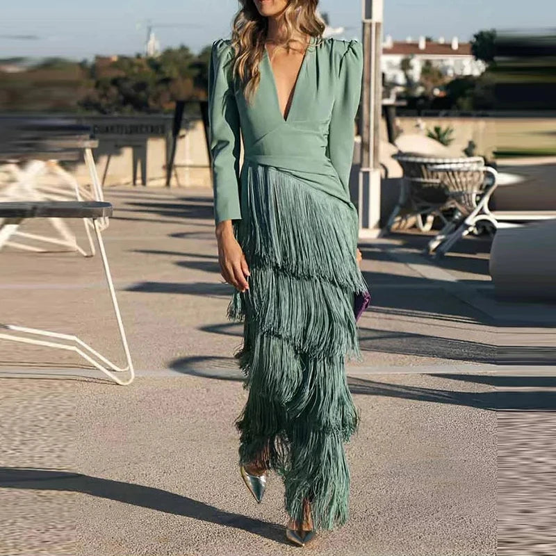 V-neck tassel hem evening dress with long sleeves, product photo 5