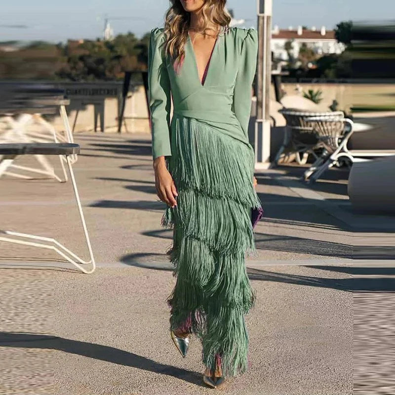 V-neck tassel hem evening dress with long sleeves, product photo 7