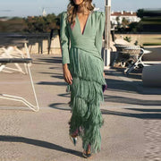 V-neck tassel hem evening dress with long sleeves, product photo 7