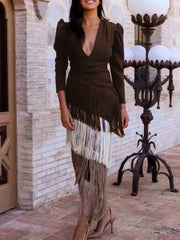 V-neck tassel hem evening dress with long sleeves, product photo 8