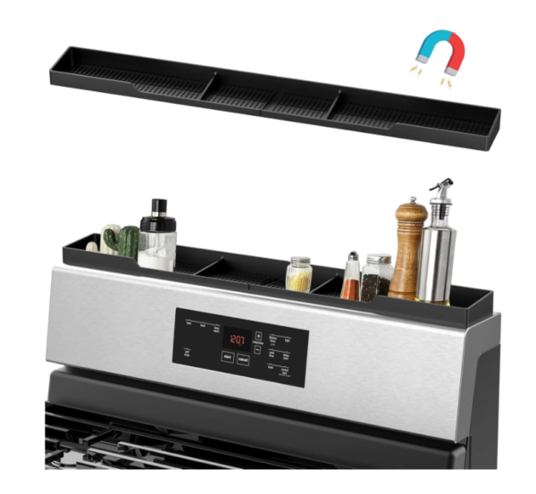 AWOKE Stove Top Shelf 30 Inch - Silicone Material Magnetic Shelf for Stove - 3 Functional Partitions Kitchen Spice Rack Organizer-Black,Kitchen Gadgets Storage Organization